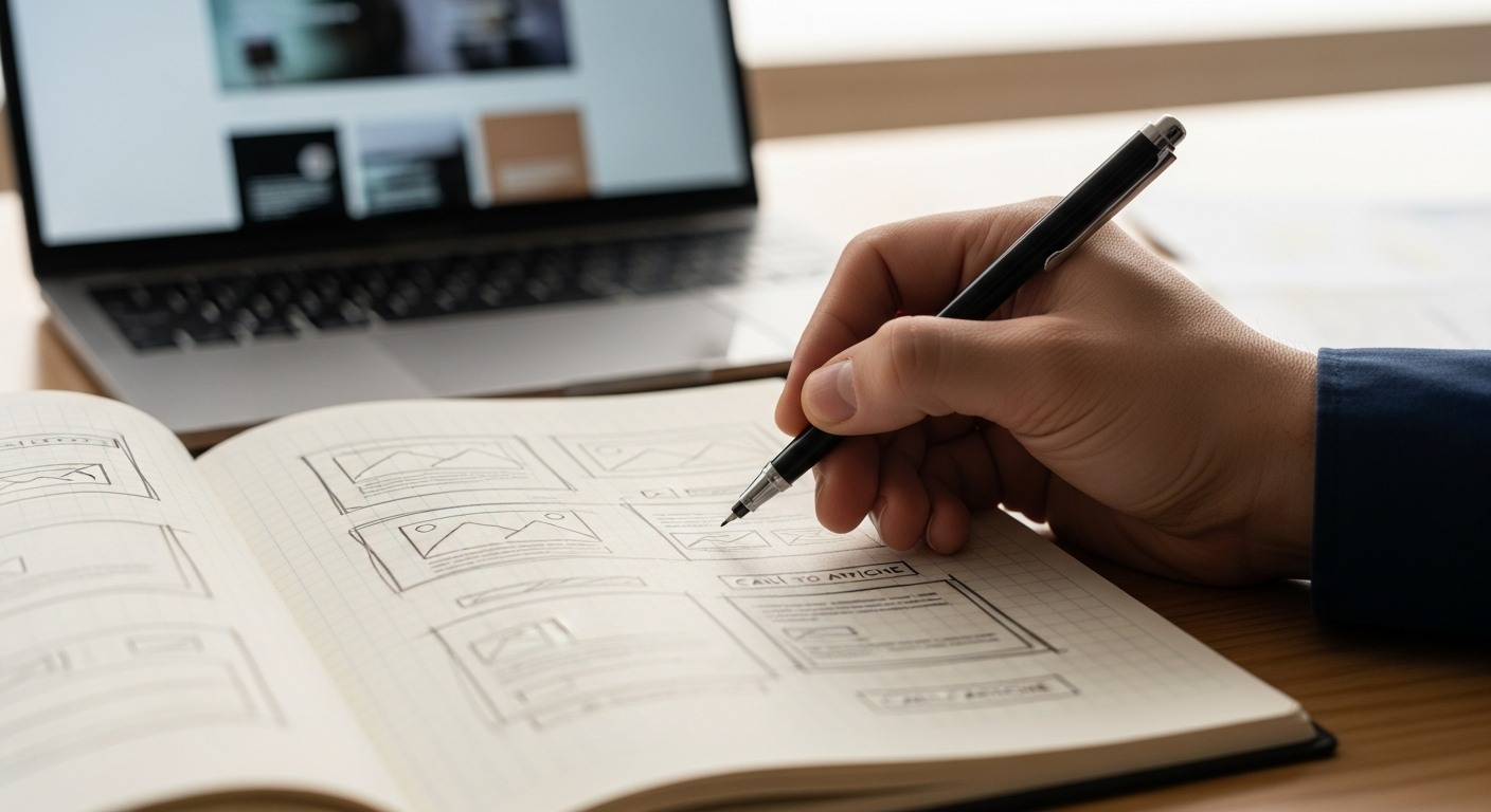 AI_IMAGE: Close-up of a designer's hand sketching website layout wireframes in a ruled notebook, fine-tip pen on cream paper, laptop screen blurred in background showing a live site preview, natural daylight from a side window | photorealistic | landscape