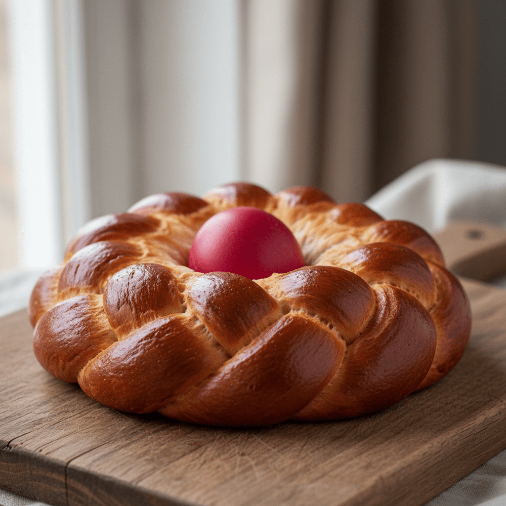 A freshly baked Tsoureki Easter bread with a red egg center on a wooden board.