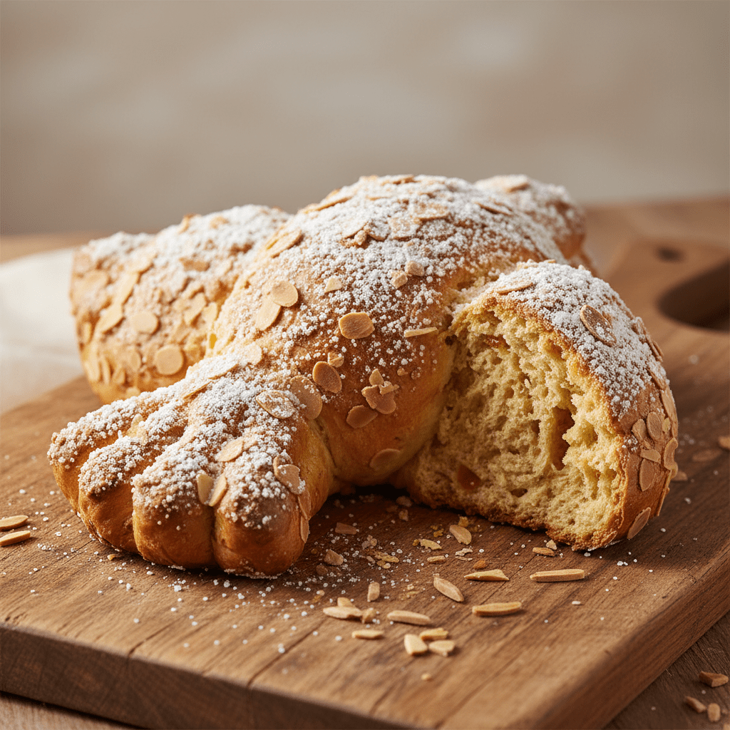 Golden-brown Easter bread shaped like a dove with almonds and sugar crystals.