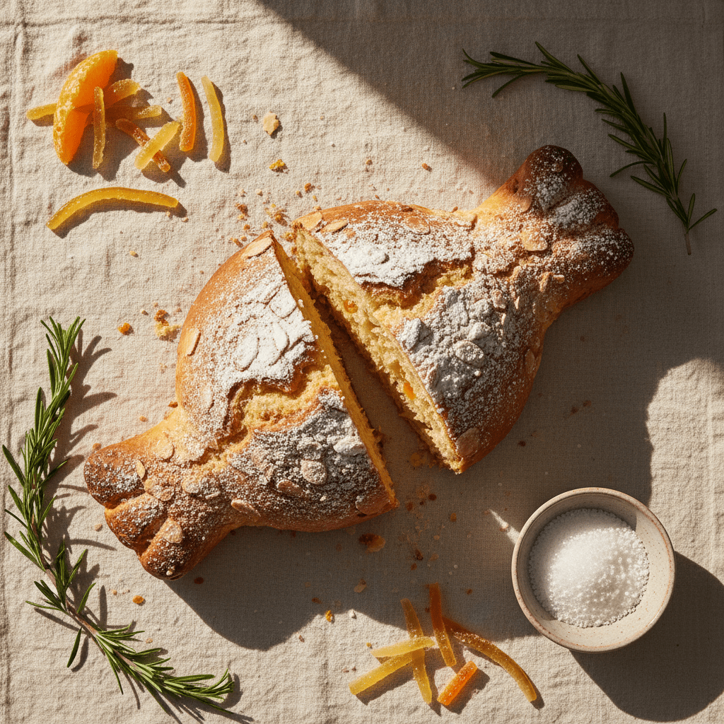 Overhead view of sliced Colomba di Pasqua Easter bread with citrus and rosemary.