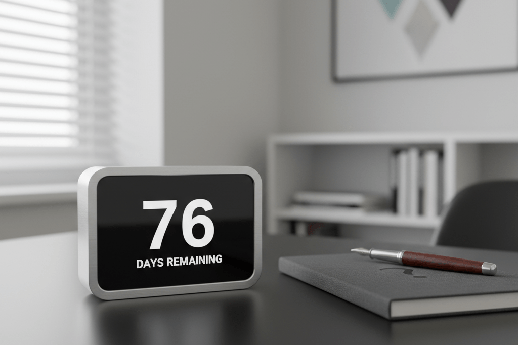 Countdown Timer Symbolizing Strategic Anticipation in Business Marketing Medium shot of a digital countdown timer and notebook on a desk under natural office lighting, evoking suspense and strategic marketing timing