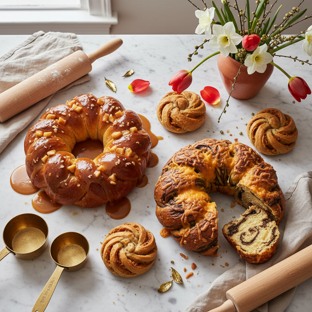 Overhead view of Easter breads arranged on a marble countertop with vintage tools.