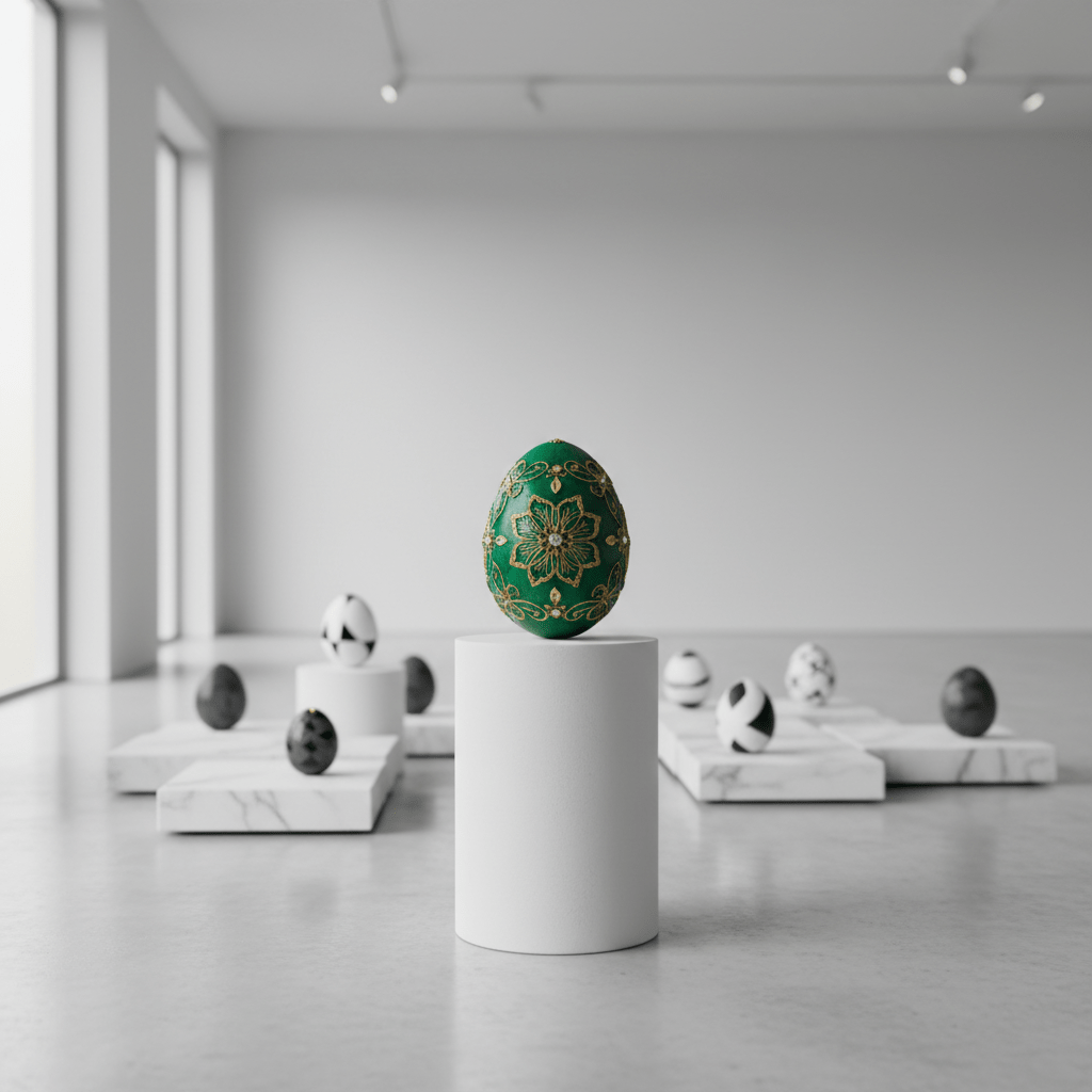 Intricately painted emerald Easter egg on a pedestal in a minimalist gallery.