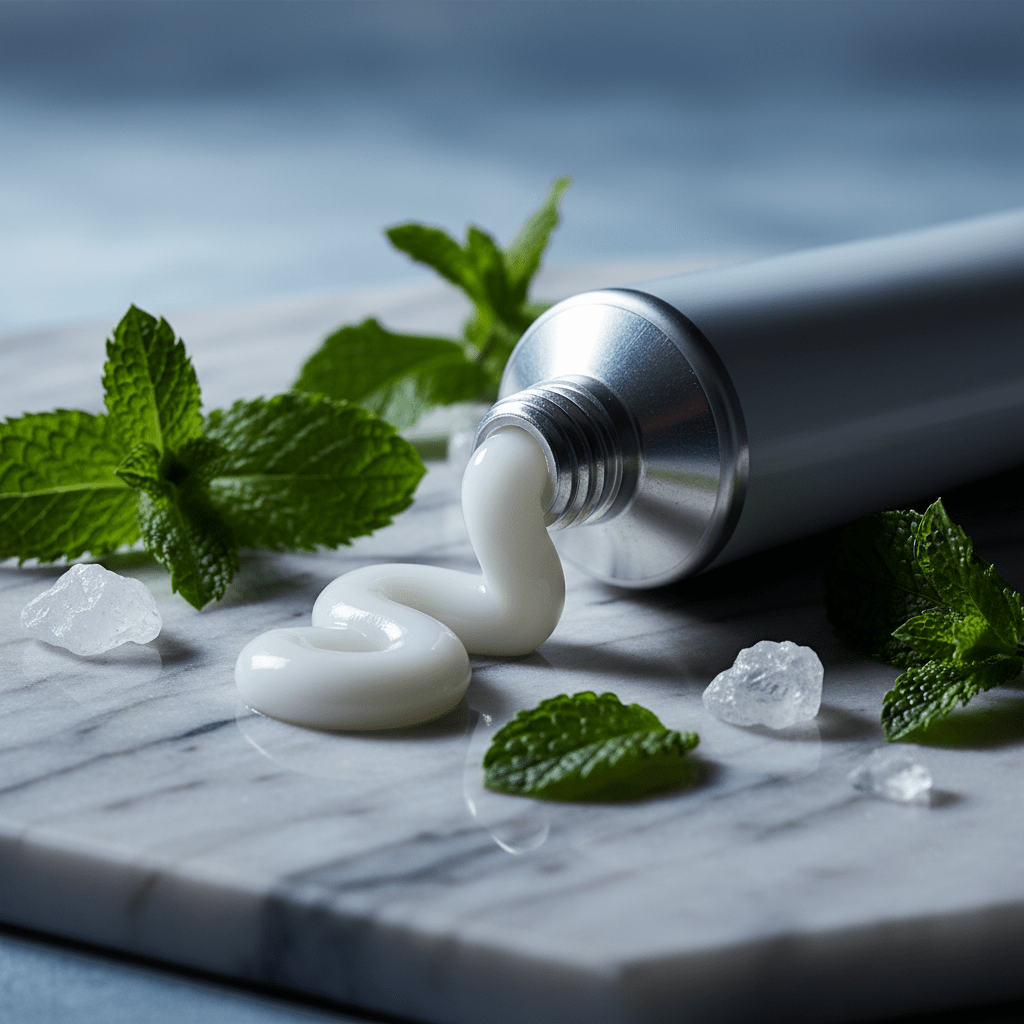 Glossy toothpaste swirl emerging from matte tube with mint leaves on marble.