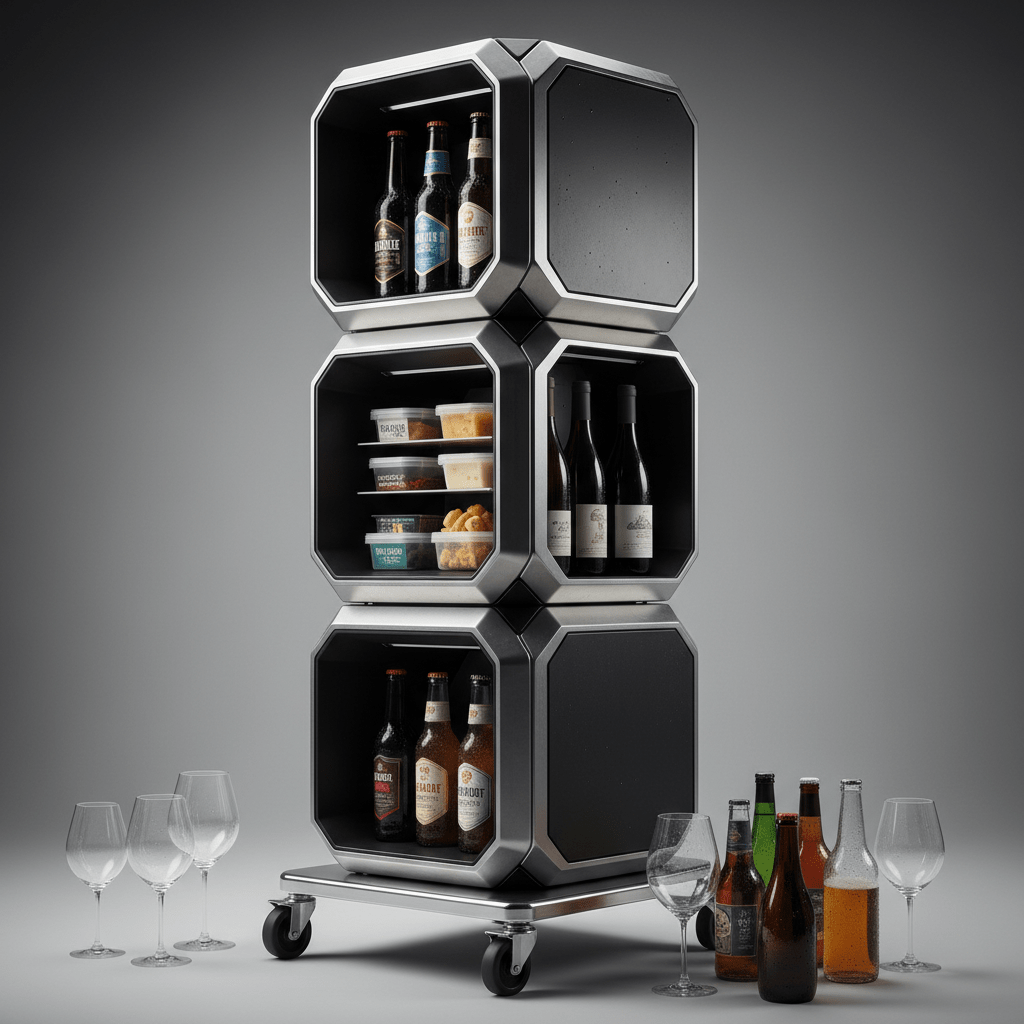Modular stacking cooler with matte black and brushed steel cubes for drinks.
