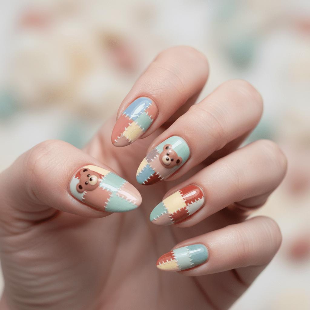 Close-up of whimsical patchwork teddy bear nails with stitch details and pastel tones.