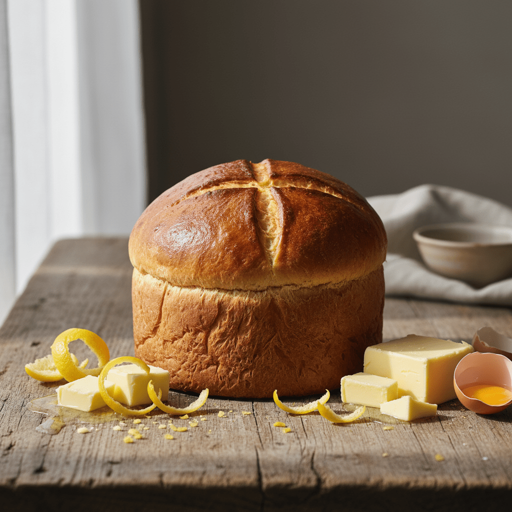 Golden-brown Pinca Easter bread with a cross, on a rustic table with ingredients.