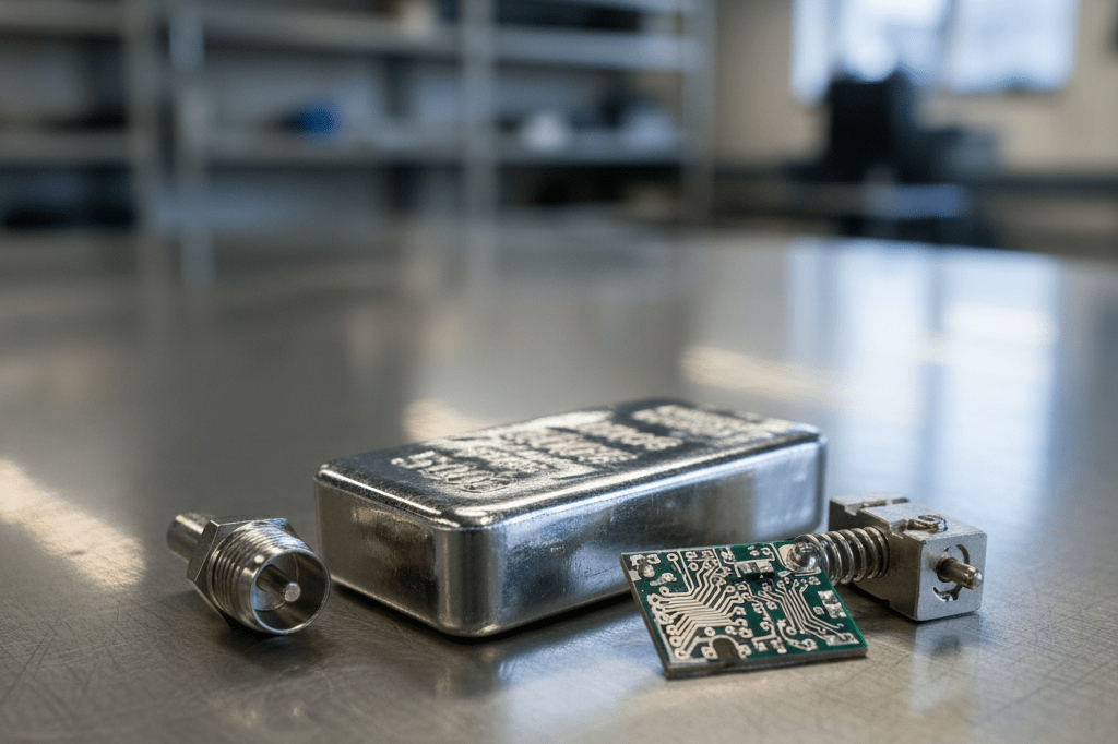 Close-up of silver ingot and high-frequency electronic parts on stainless steel surface under natural and LED light