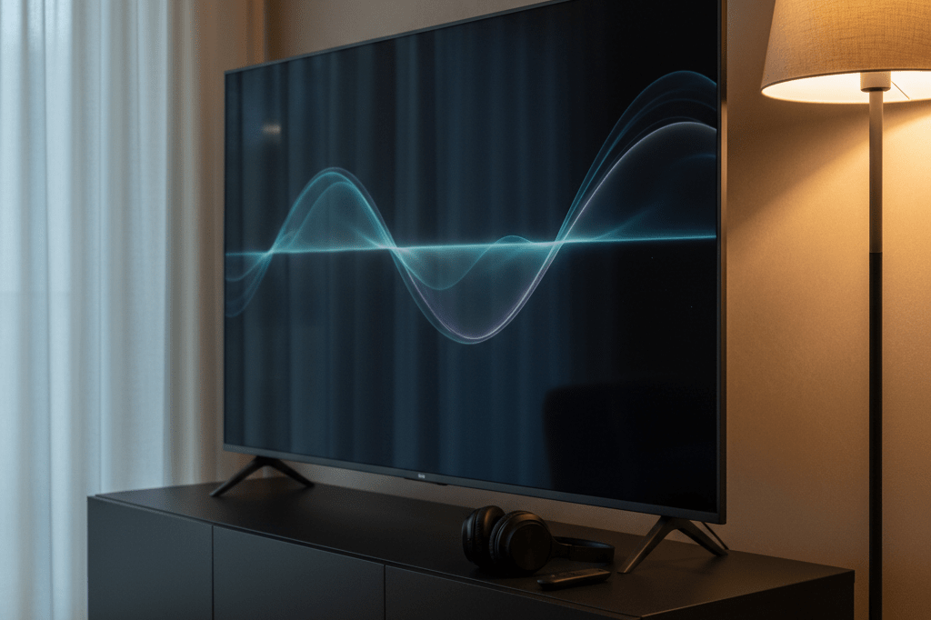 Modern streaming setup representing exclusive digital content distribution models Medium shot of a muted smart TV, wireless headphones, and streaming remote on a console in warm ambient light, no branding visible