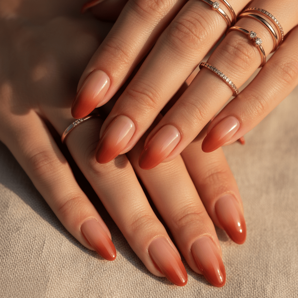 Elegantly shaped nails with a smooth gradient from nude to rusty orange-red.