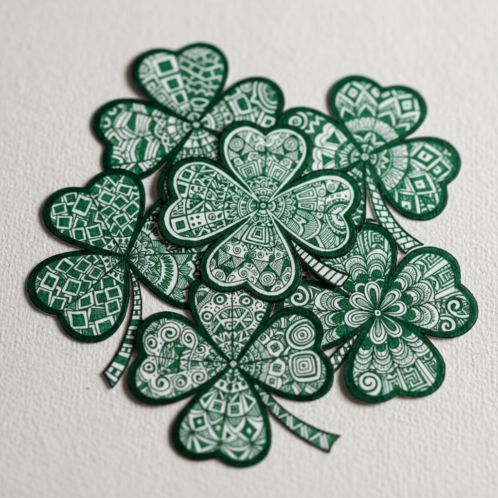 Intricate Zentangle clovers with geometric and mandala patterns in emerald green.