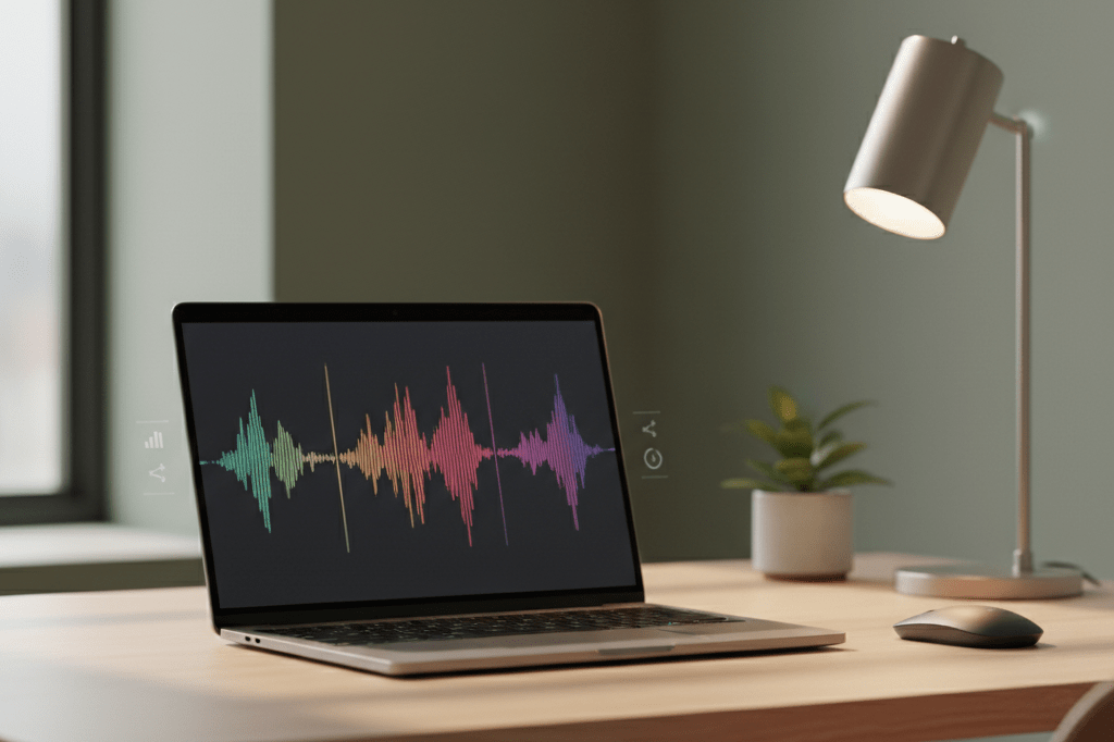 Medium shot of a laptop showing an audio waveform and analytics icons under natural and desk lighting, symbolizing short-form digital engagement