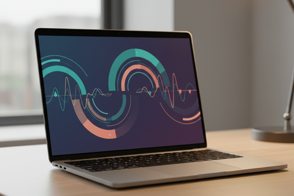 Medium shot of a laptop displaying colorful, fluid data graphics symbolizing personalized user behavior analysis and engagement metrics
