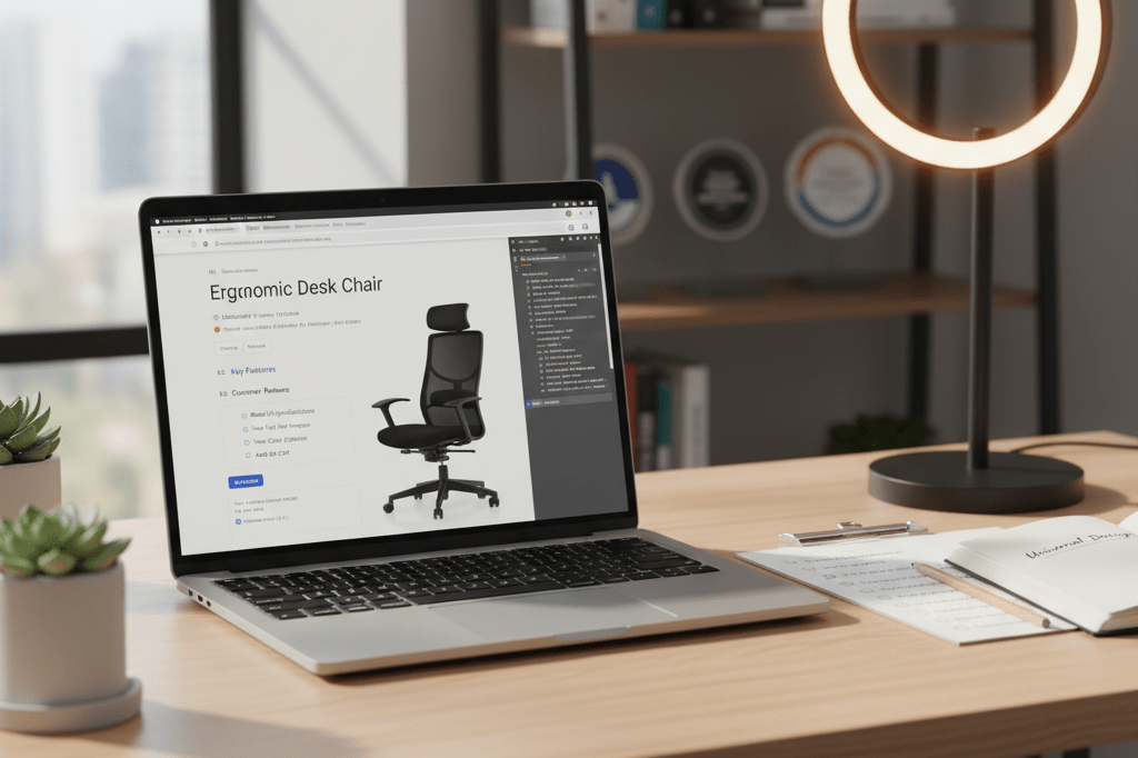 Medium shot of an accessible e-commerce webpage on a laptop beside an accessibility checklist and notebook, lit by natural and warm ambient light