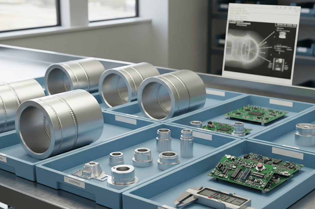 Medium shot of machined metal spacecraft parts on an organized industrial workbench with precision tools and inspection documentation