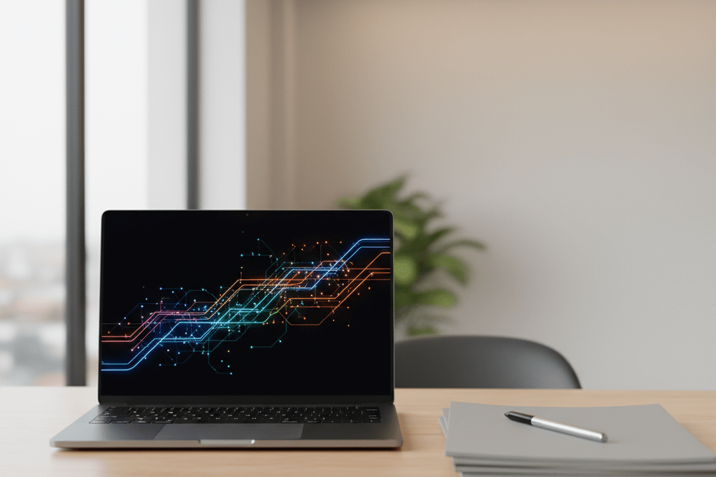Medium shot of a minimalist office desk with laptop showing abstract data flow visualization, representing autonomous AI agent teamwork in enterprise operations