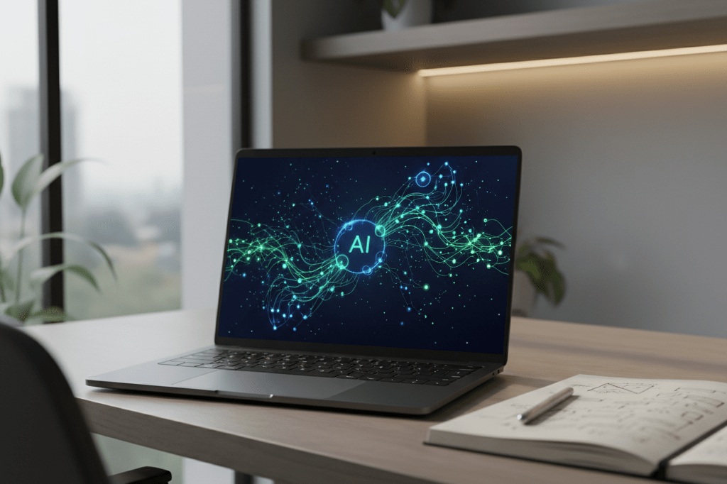 Medium shot of laptop showing glowing interconnected AI nodes on a sunlit office desk with no people or branding