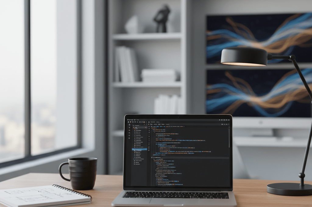 Medium shot of a laptop showing clean code in a dark IDE, beside a notebook and coffee mug in a naturally lit workspace