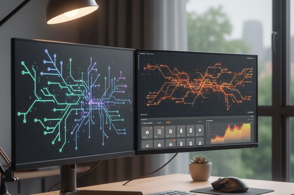 Medium shot of a clean desk with two monitors displaying neutral, non-branded code graphs and anonymized e-commerce data dashboards under natural and lamp light