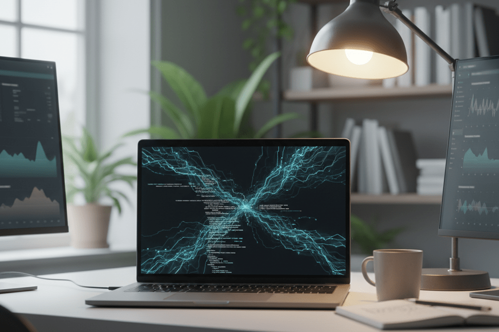 Medium shot of a laptop displaying abstract glowing code patterns on a dark terminal, surrounded by a clean, naturally lit workspace with blurred monitors and no people