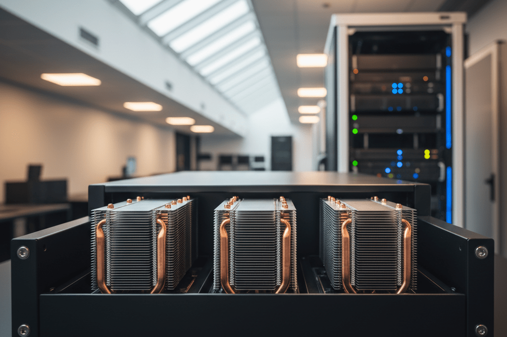 Medium shot of an unbranded GPU server tray with cooling components in a softly lit, professional data center setting