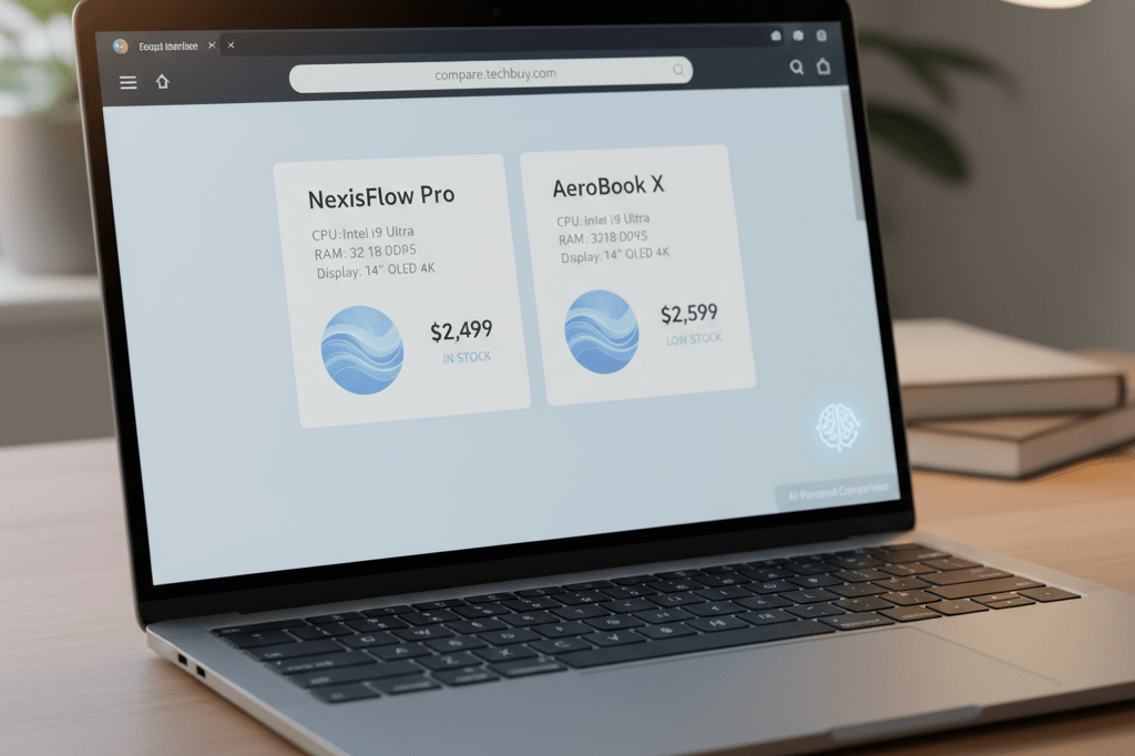 Medium shot of a laptop screen showing real-time product comparison with pricing and inventory data in Chrome browser
