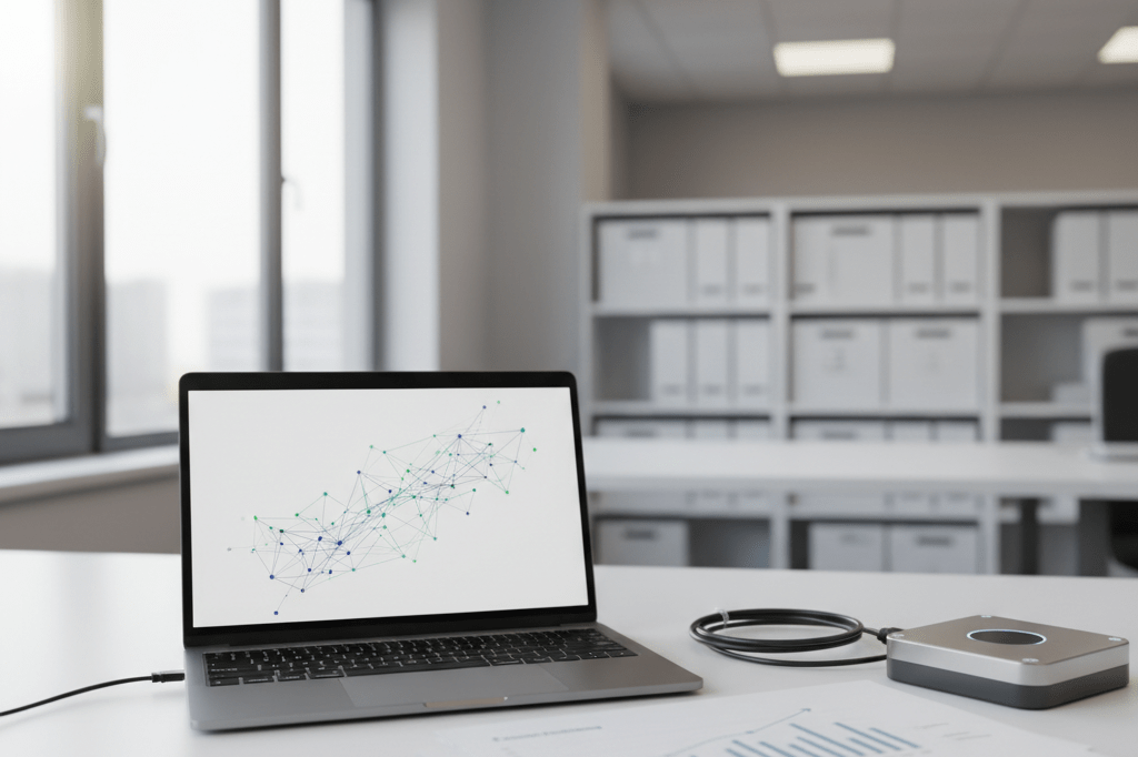 Medium shot of a laptop showing abstract data visualization, printed dashboards, and a generic sensor on a well-lit procurement desk