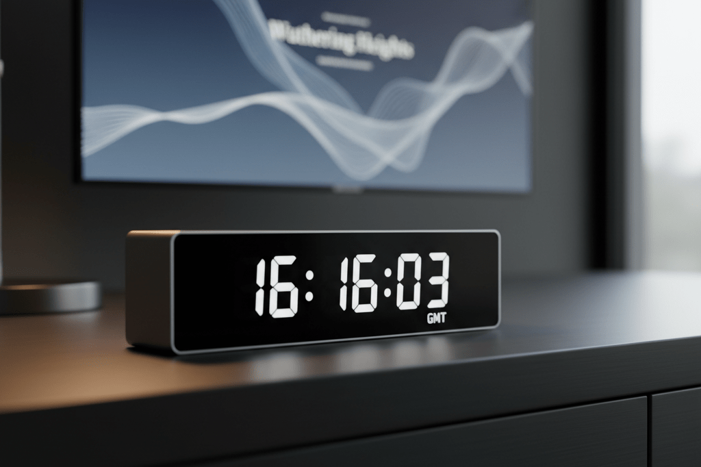Medium shot of a sleek digital timer display frozen at 16:16:03 GMT on a dark metal surface with soft ambient lighting