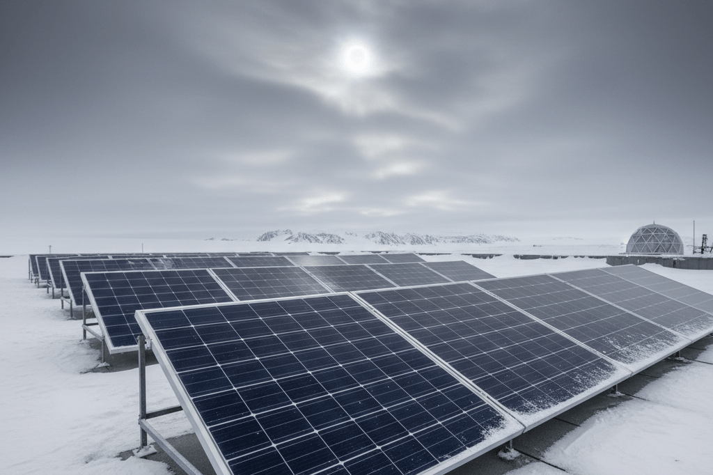 Medium shot of high-efficiency solar panels on snowy Antarctic research station roof under overcast polar sky