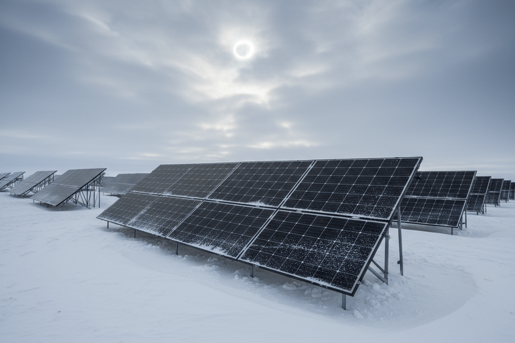 Medium shot of modern solar panels on snowy Antarctic terrain under overcast eclipse-like skies, no people or branding visible