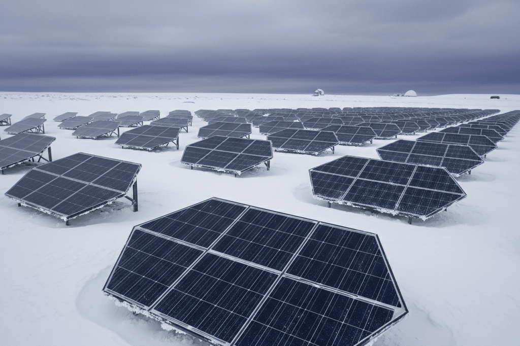 Medium shot of advanced solar panels on snowy terrain under cloudy skies, evoking extreme-condition testing for sustainable energy innovation