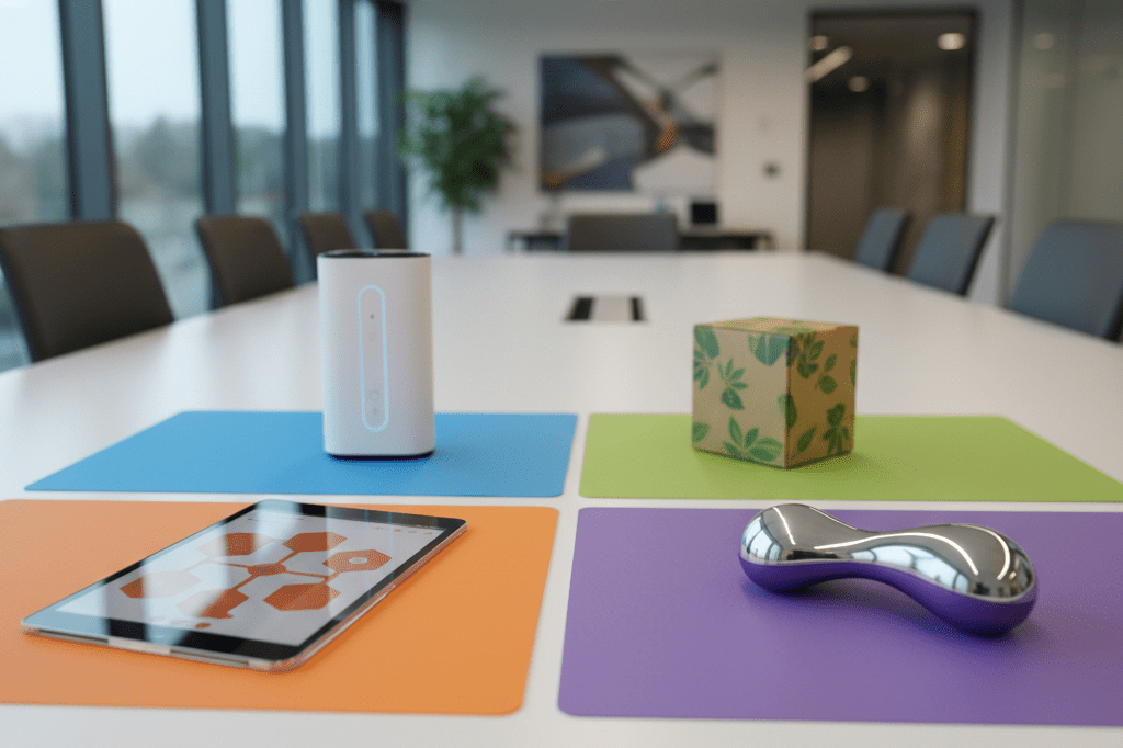 Medium shot of four distinct product prototypes on color-coded placemats at a conference table under natural and ambient light
