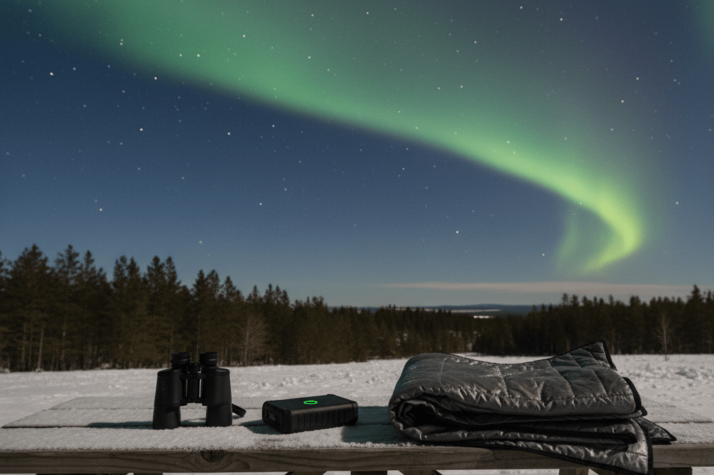 Binoculars, portable power bank, and thermal blanket arranged on a snow-dusted wooden table beneath a starry night sky