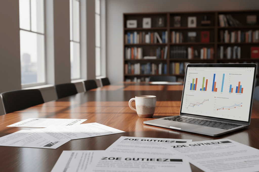 Medium shot of a sunlit conference table with bilingual script notes and sentiment analytics on laptop, symbolizing industry responsiveness to authentic representation demands