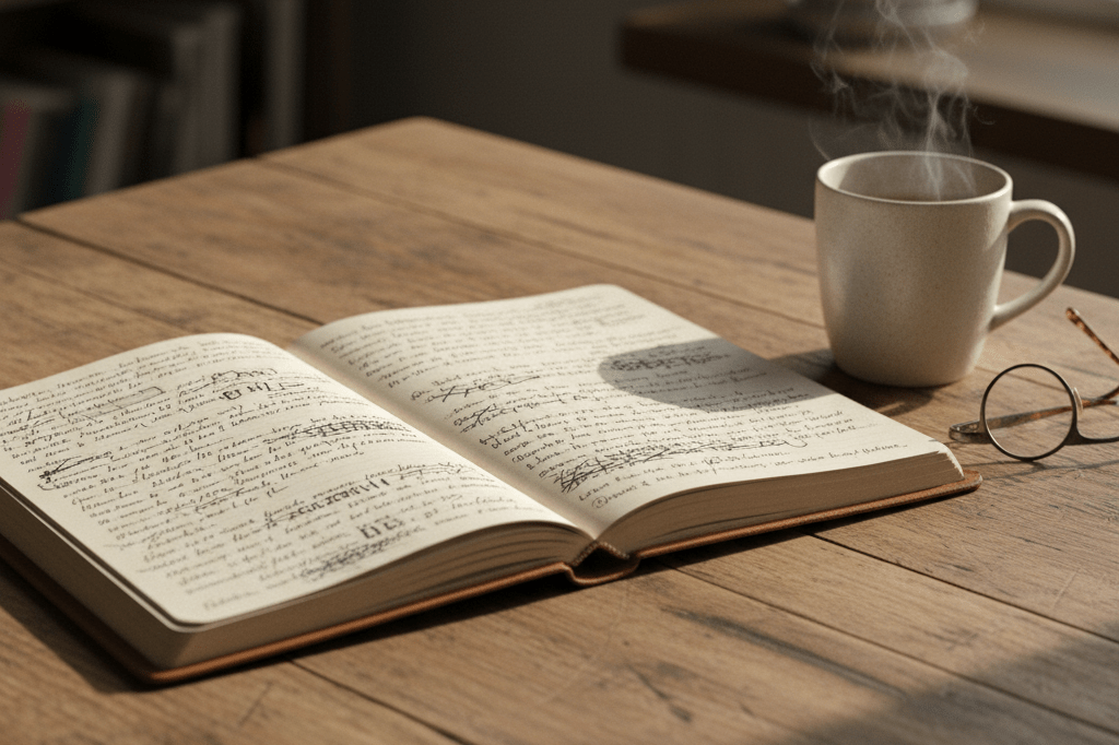 Medium shot of an open handwritten notebook with sketches and revisions on a rustic table, lit by natural window light, no people visible