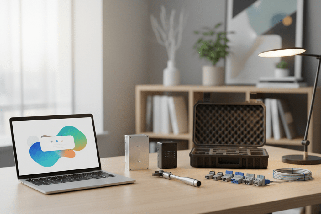 Medium shot of complementary industrial components arranged on a desk with natural and ambient lighting, no people or branding visible