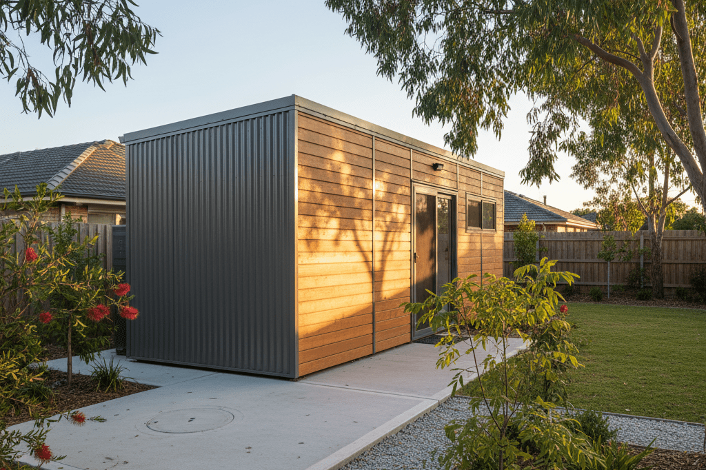 A compact, timber-and-steel modular home unit placed on a concrete pad in a sunlit residential backyard with native plants