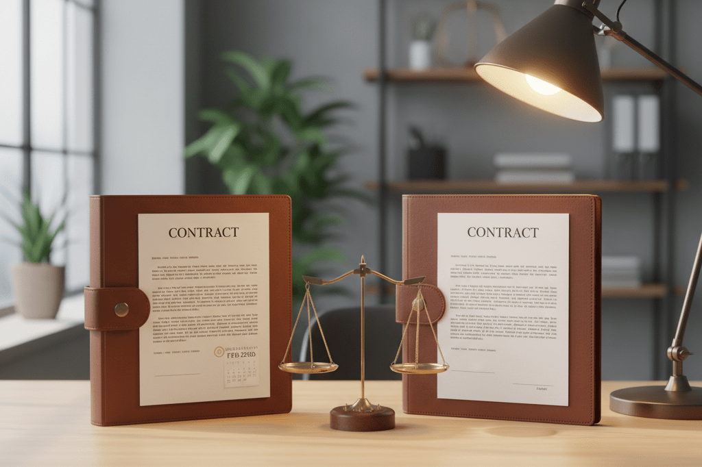 Photorealistic medium shot of two legal folders and a brass scale on a sunlit office desk representing fair asset division and staged payments