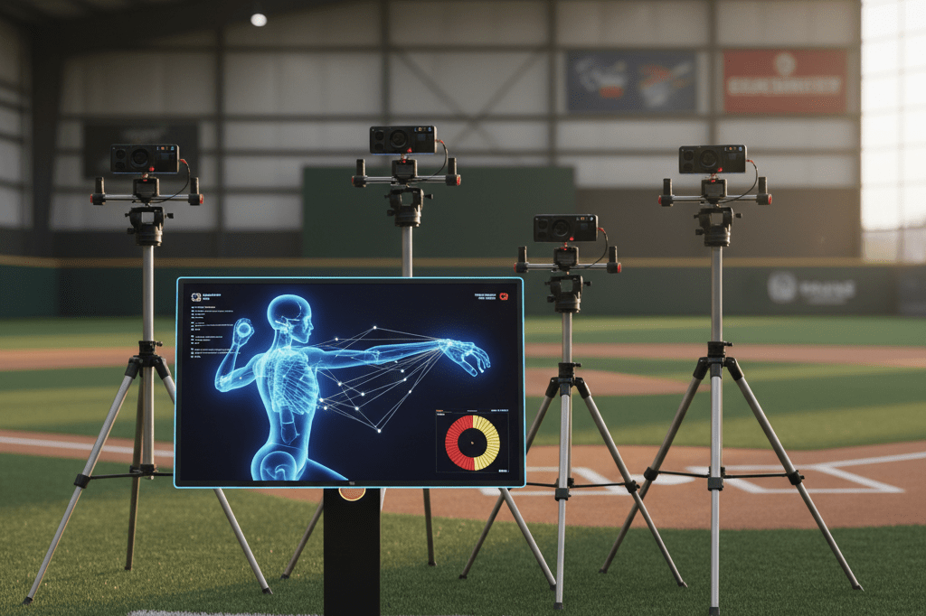 Medium shot of a baseball training facility with motion-capture rigs and monitor showing abstract biomechanical data visualizations