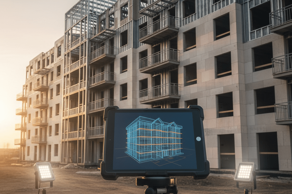 Medium shot of a multi-family construction site with tablet displaying abstract BIM wireframe model under natural golden-hour light