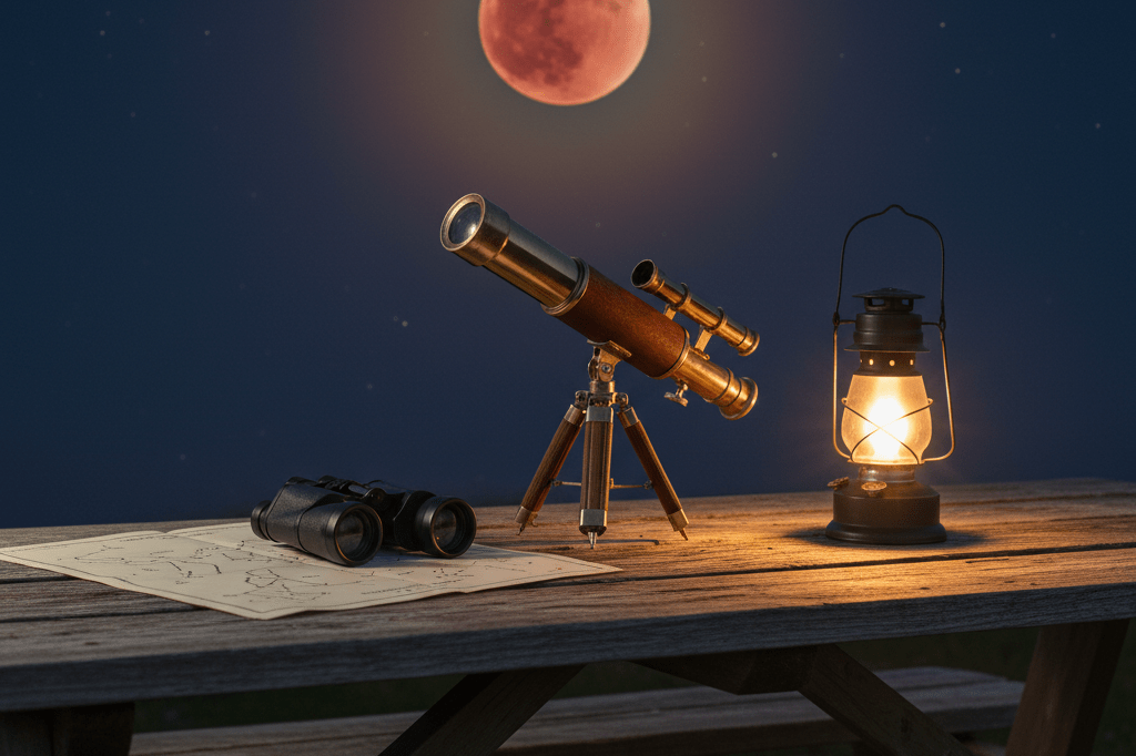 Medium shot of telescope, binoculars, star chart, and lantern on wooden table under a dusky red full moon at night
