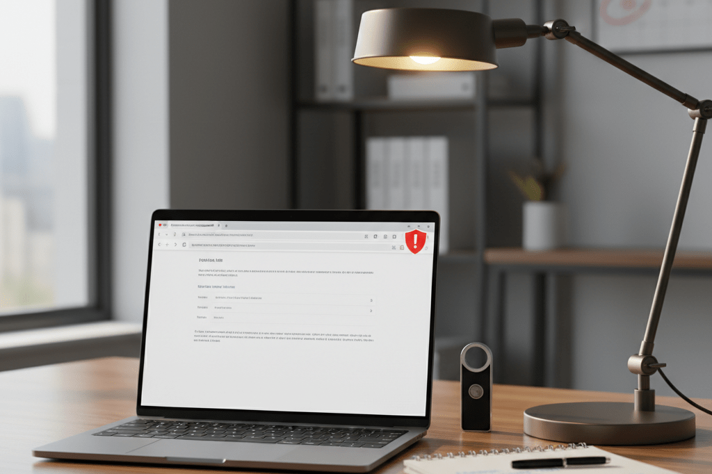 Modern workstation showing browser security alert and cybersecurity response tools Medium shot of a laptop displaying a generic security alert icon beside a notebook and USB security key on a well-lit desk