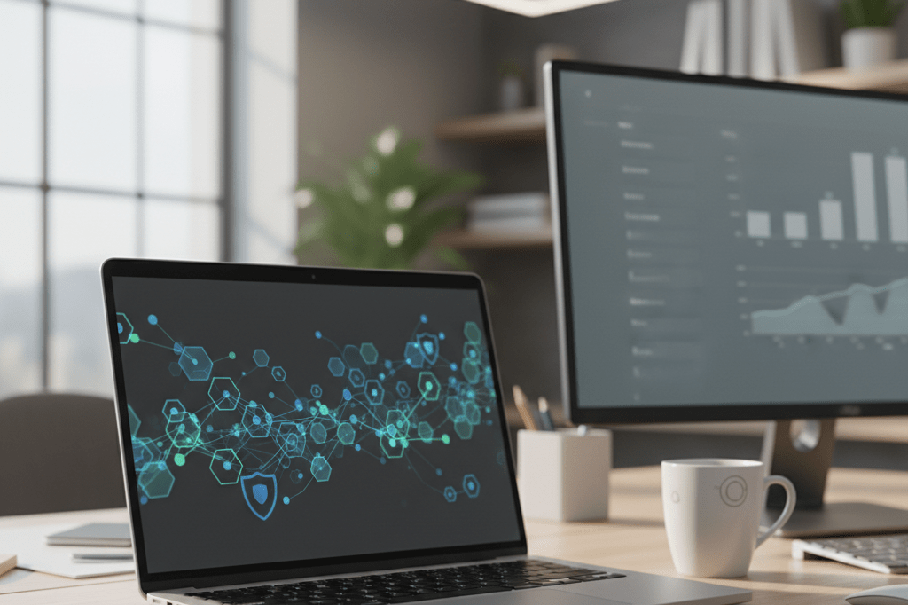 Abstract digital security visualization on laptop screen in modern office setting Medium shot of laptop showing abstract glowing security nodes on dark browser interface in naturally lit office