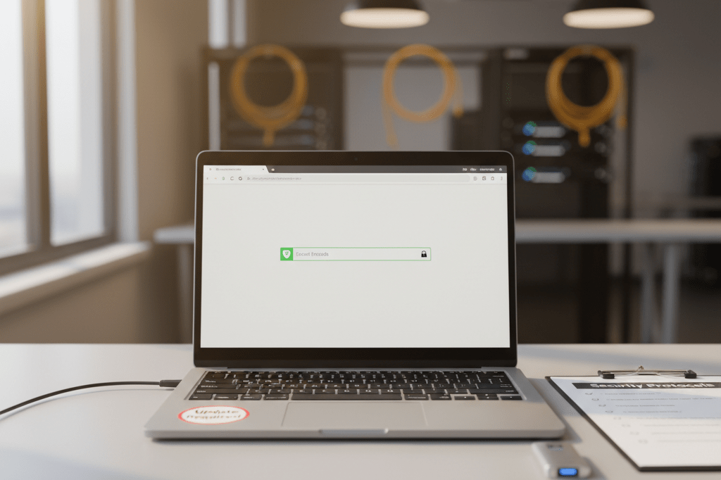 Modern e-commerce security workspace with browser safeguards and update protocols Medium shot of a secure desktop setup featuring a laptop with generic security icons, a security checklist, and a USB security key under natural and ambient light