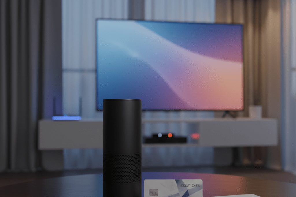 Medium shot of a credit card and smart speaker on a coffee table beside a glowing router and muted TV, symbolizing integrated streaming subscription models