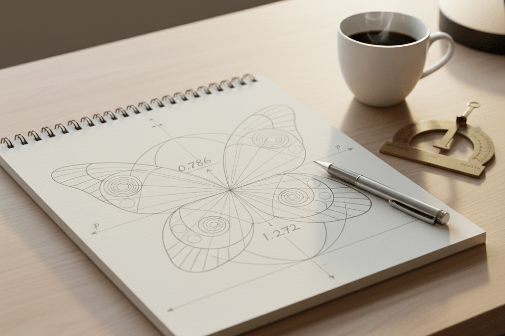 Medium shot of a notebook with hand-drawn butterfly chart patterns, Fibonacci labels, and drafting tools under natural and desk lighting