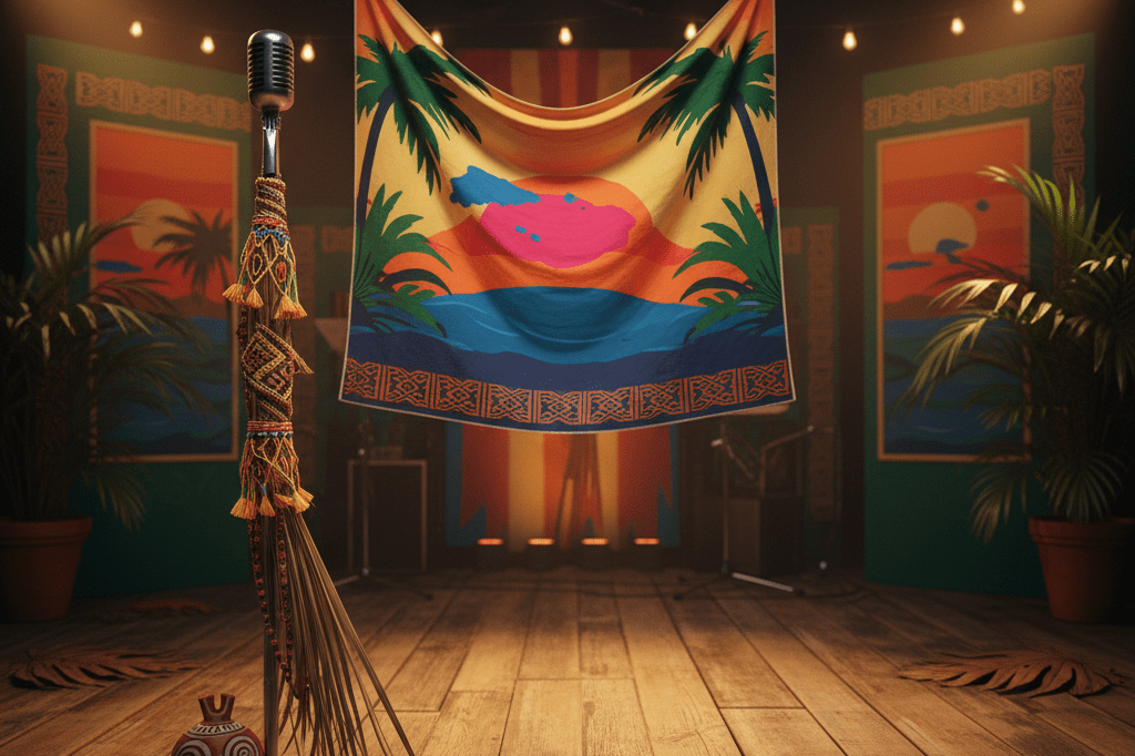 Medium shot of culturally resonant stage props including fabric with island motifs, woven microphone stand, and folk-art sculpture under warm ambient lighting