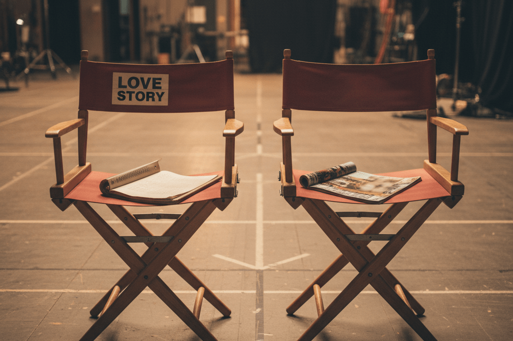 Medium shot of paired 1990s-style director's chairs on soundstage Two empty vintage director's chairs side by side on a soundstage with script binder and period magazine, symbolizing chemistry-based casting for biographical film