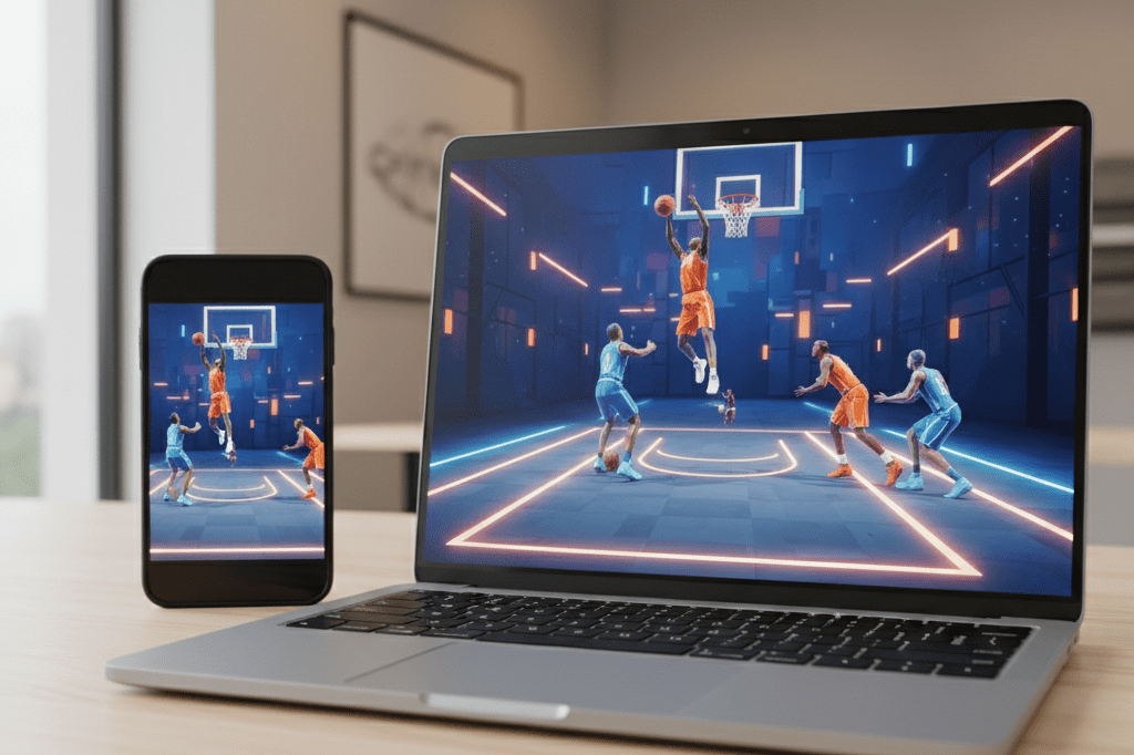 Cloud gaming interface shown across laptop and smartphone screens Medium shot of laptop and smartphone both displaying identical cloud-streamed basketball gameplay under natural and ambient lighting