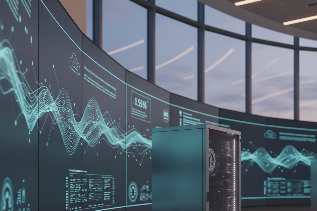 Modern cloud infrastructure monitoring in energy sector operations Medium shot of a data center control room with cloud infrastructure dashboards and illuminated server rack, lit by natural and ambient light